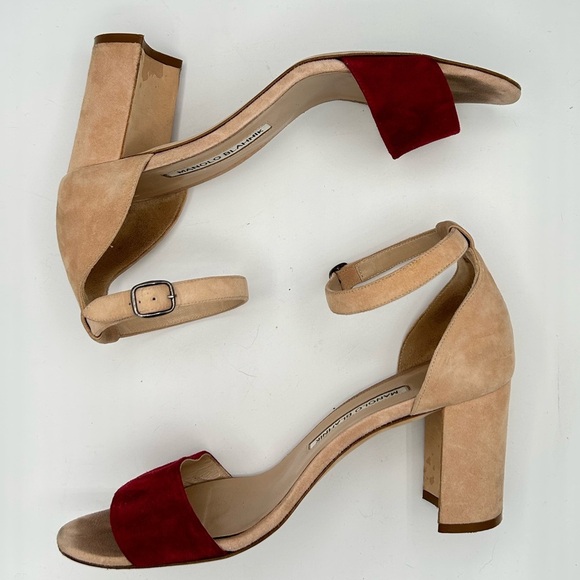 Manolo Blahnik Sz 38 Red and Tan Heels Lauratomod Velukid Block Sandals NO BOX - Picture 8 of 13